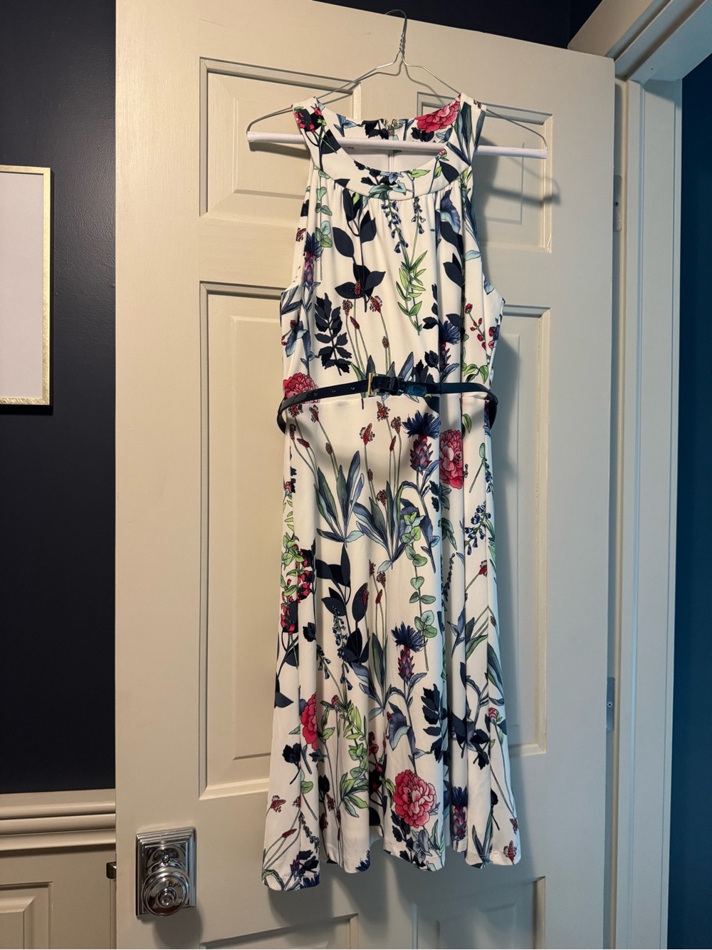 Tommy Hilfiger White Floral Midi Dress with Multicolor Print. Belted